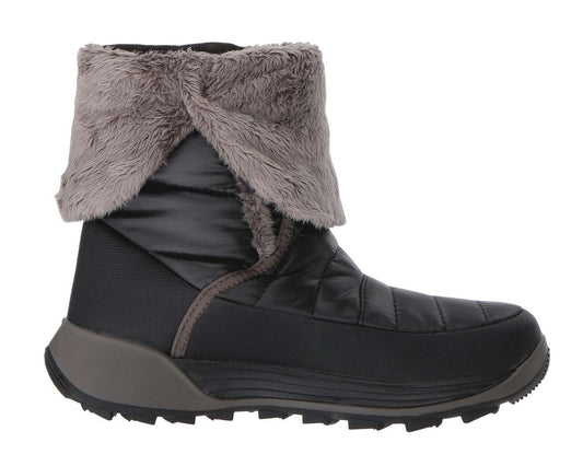Girls’ winter boots featuring a water-resistant recycled polyester ripstop upper, warm synthetic insulation, soft fleece lining, easy pull-on design, cushioned footbed, reinforced toe and heel, and durable rubber outsole for cold-weather wear
