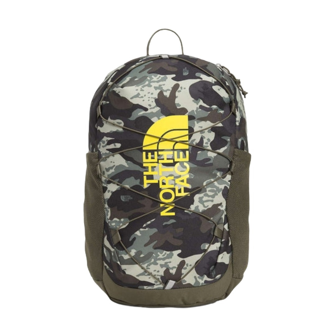 The North Face Youth Court Jester Backpack with front bungee system, padded straps, and multiple compartments for school use.