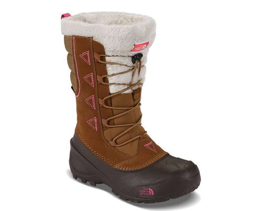 Youth winter boots featuring a water-resistant synthetic and textile upper, lace-up closure, warm insulation, cozy lining, padded collar, cushioned footbed, and durable rubber outsole with rugged tread for snowy outdoor conditions
