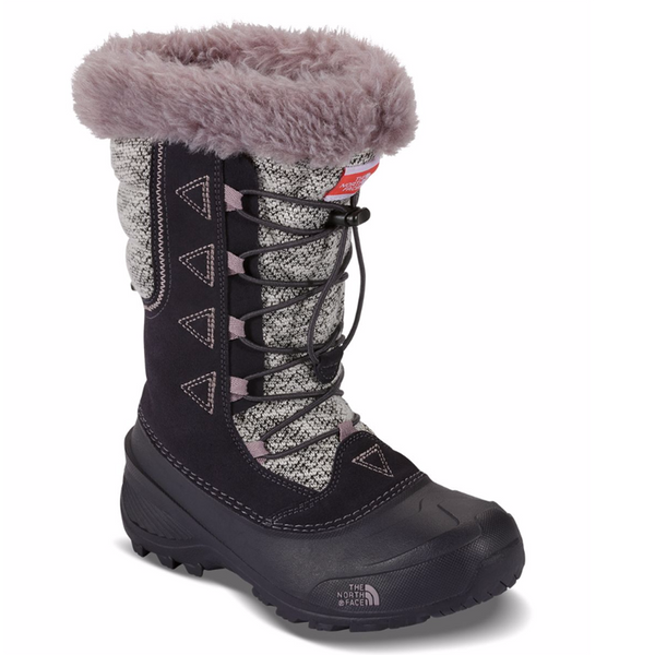 Youth winter lace-up boots featuring a leather and textile water-resistant upper, synthetic insulation, soft fleece lining, cushioned midsole, high-cut design, and durable rubber outsole for cold-weather outdoor activities