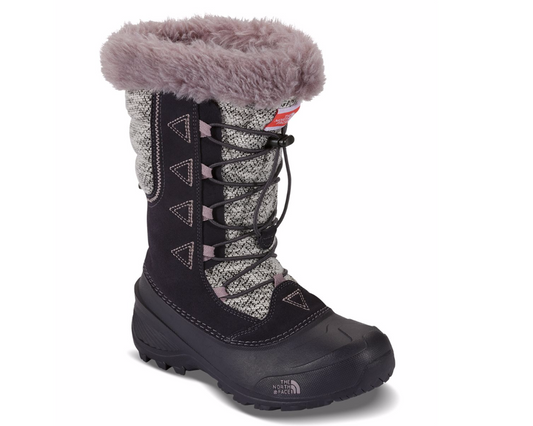 Youth winter lace-up boots featuring a leather and textile water-resistant upper, synthetic insulation, soft fleece lining, cushioned midsole, high-cut design, and durable rubber outsole for cold-weather outdoor activities
