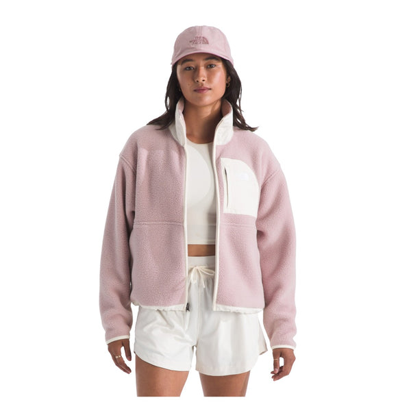 Woman wearing The North Face Yumiori Off Peak full zip jacket, highlighting the plush fleece texture and relaxed fit.