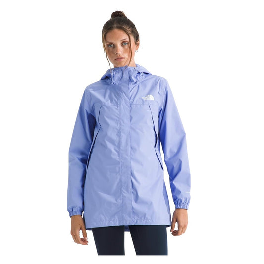 Women wearing The North Face Antora long rain parka with hood, showcasing a waterproof, windproof design.