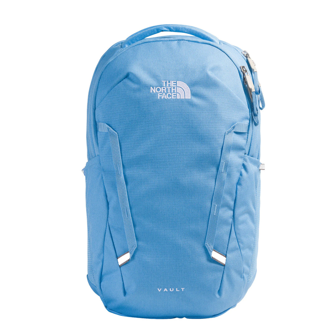 The North Face Women’s Vault Backpack with padded shoulder straps, laptop sleeve compartment, front organizer pocket, and side water-bottle pockets.