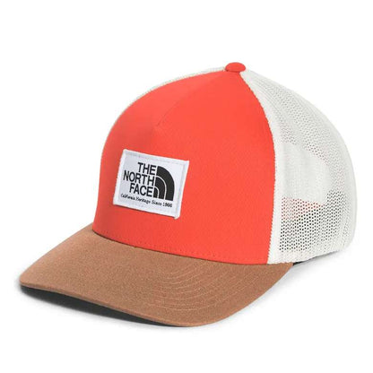 The North Face Keep It Patched Trucker Hat with structured front panel, stitched logo patch, mesh back panels, and adjustable snapback closure.