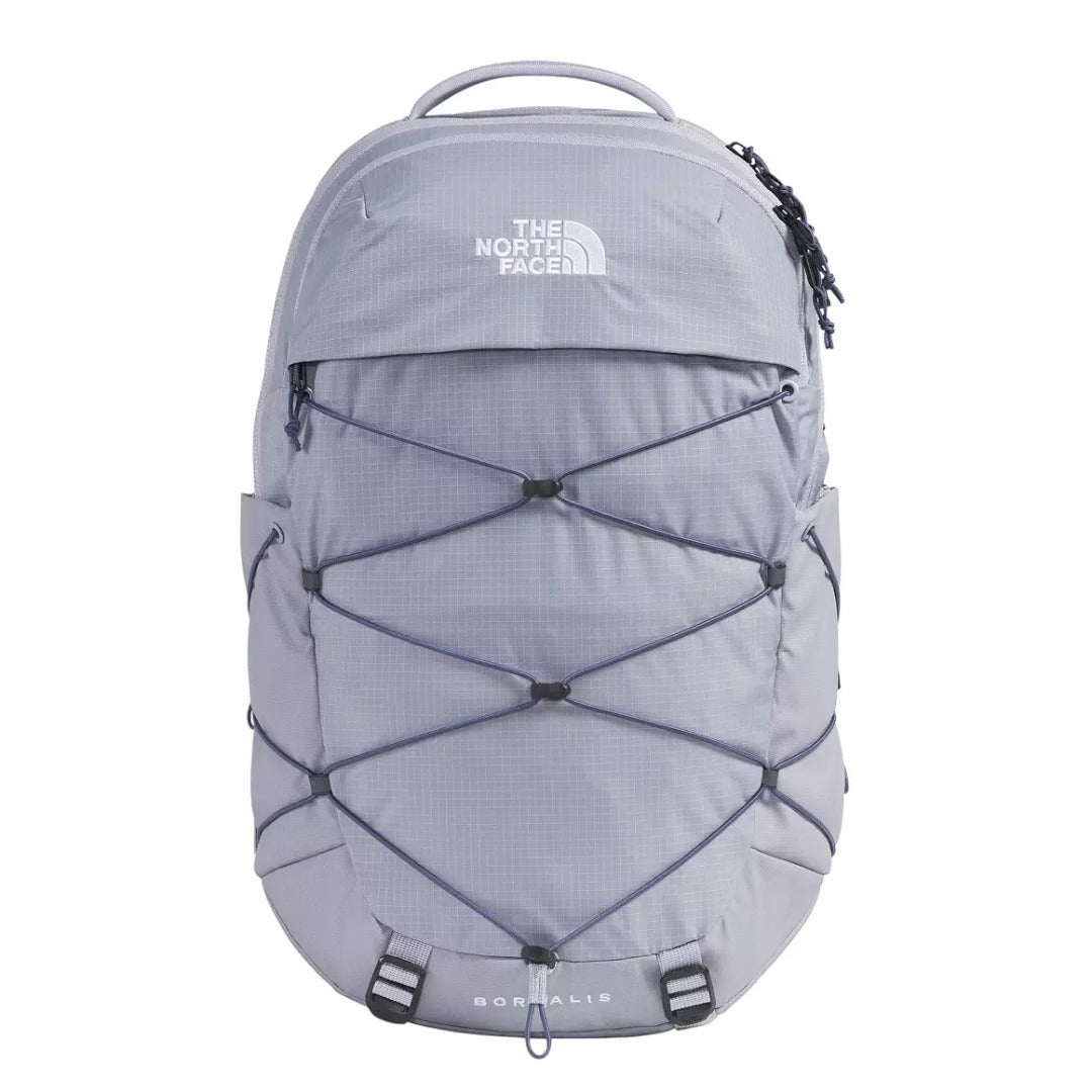 The North Face Women’s Borealis Backpack in black with front bungee system, dual side pockets, and padded straps.