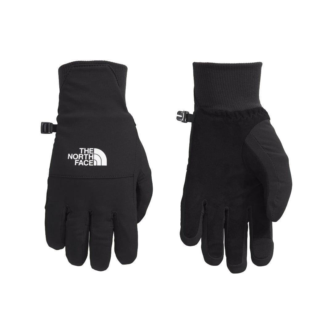 The North Face Women’s Shelbe Raschel Etip Gloves in black with logo detail, featuring a fleece lining and touchscreen-compatible fingertips.