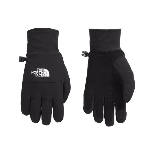 The North Face Women’s Shelbe Raschel Etip Gloves in black with logo detail, featuring a fleece lining and touchscreen-compatible fingertips.
