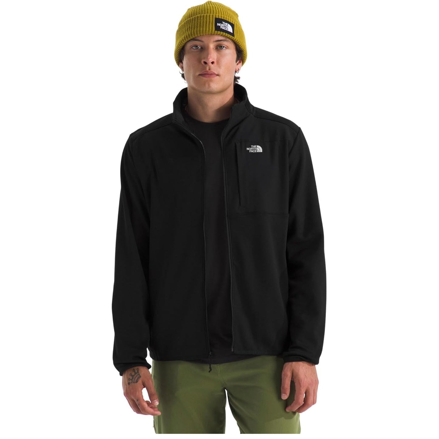 The North Face Men’s TNF Performance Fleece Full Zip Jacket lightweight stretch fleece with chest zip pocket and full-zip front.