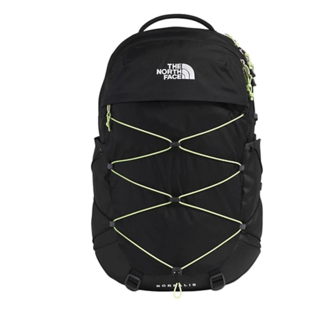 The North Face Women’s Borealis Backpack in black with front bungee system, dual side pockets, and padded straps.