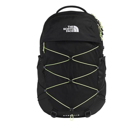 The North Face Women’s Borealis Backpack in black with front bungee system, dual side pockets, and padded straps.