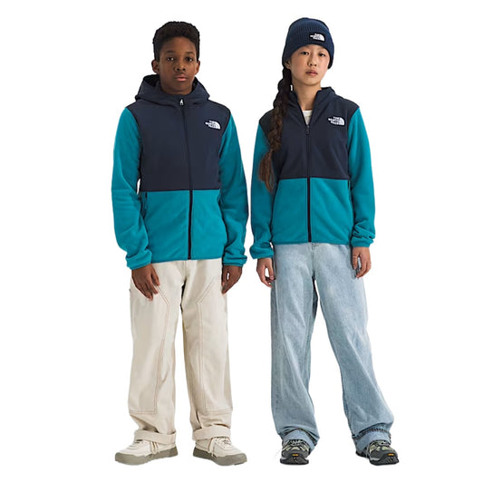 The North Face Boys’ & Girls’ Glacier Full-Zip Hoodie in blue, featuring a full zipper, hood, and front kangaroo pockets.