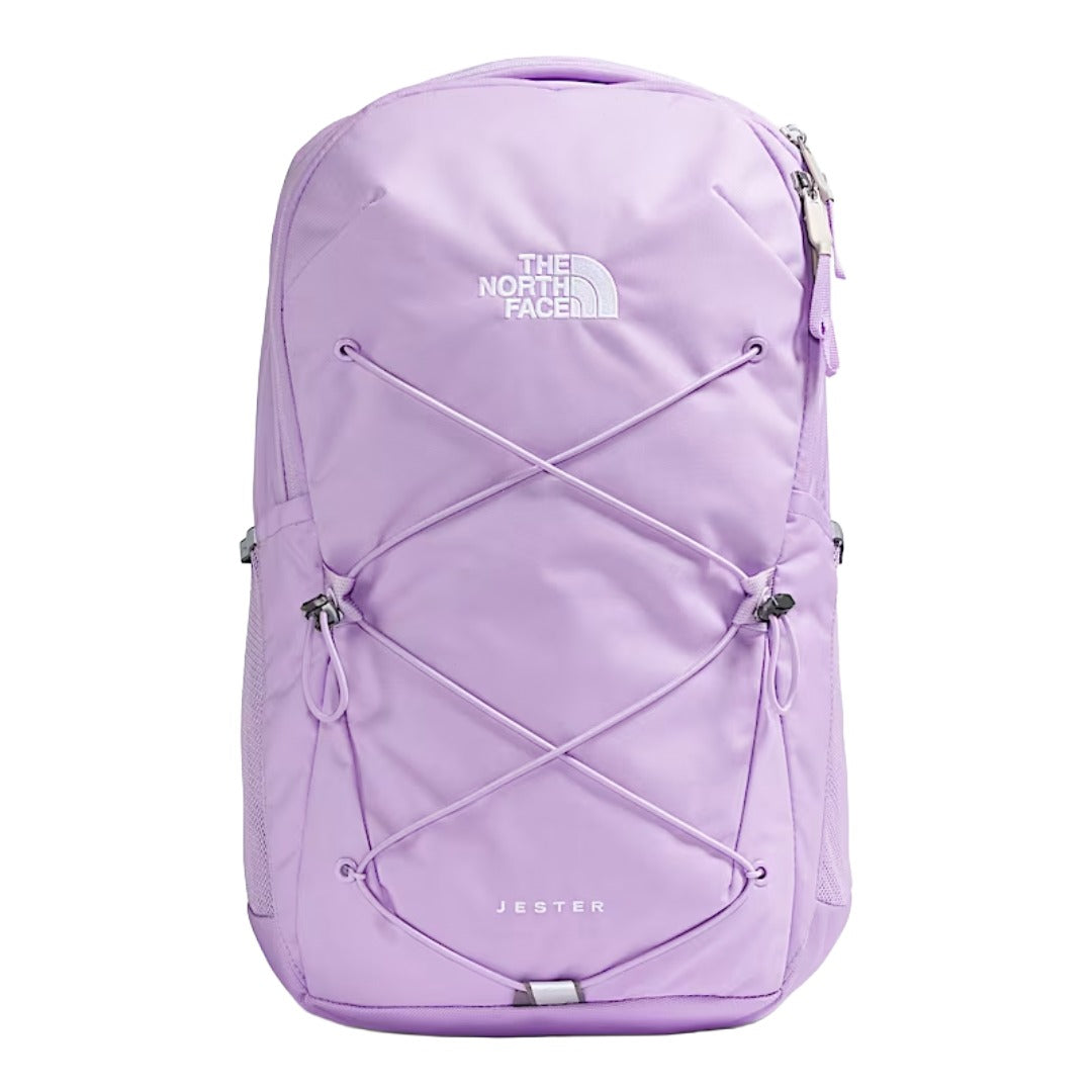 The North Face Women’s Jester Backpack in black featuring front bungee system, padded straps, and dual side pockets.