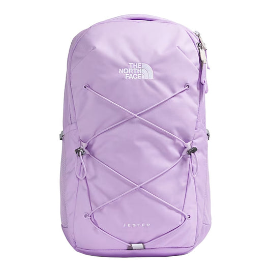 The North Face Women’s Jester Backpack in black featuring front bungee system, padded straps, and dual side pockets.
