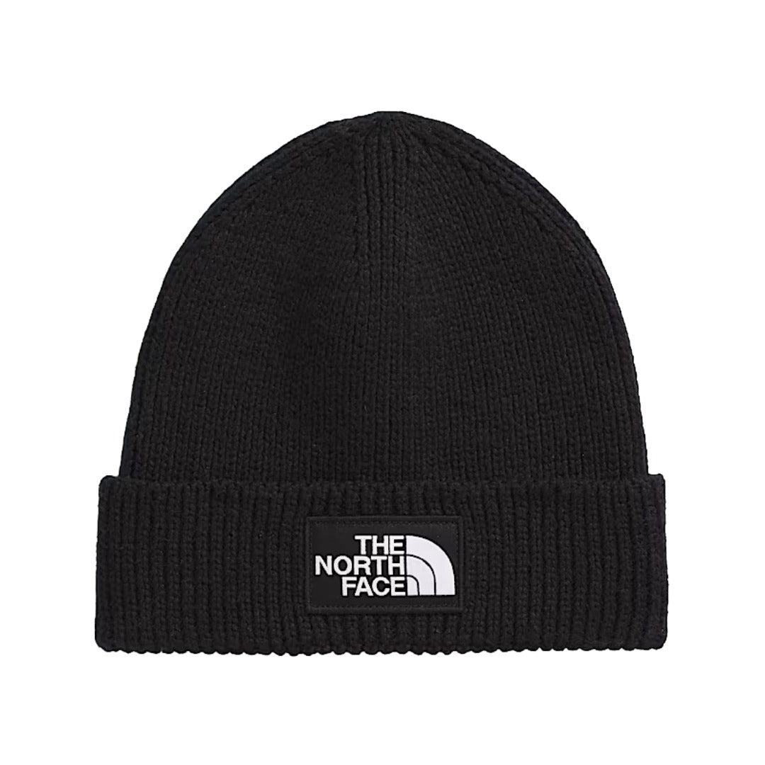 The North Face TNF™ Logo Box Cuffed Beanie in black, featuring a fold-over cuff and front logo patch.
