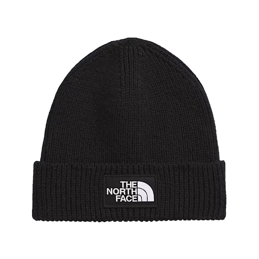 The North Face TNF™ Logo Box Cuffed Beanie in black, featuring a fold-over cuff and front logo patch.