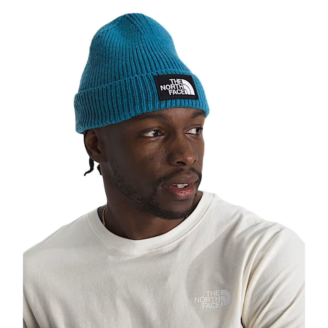 The North Face TNF™ Logo Box Cuffed Beanie in black, featuring a fold-over cuff and front logo patch.