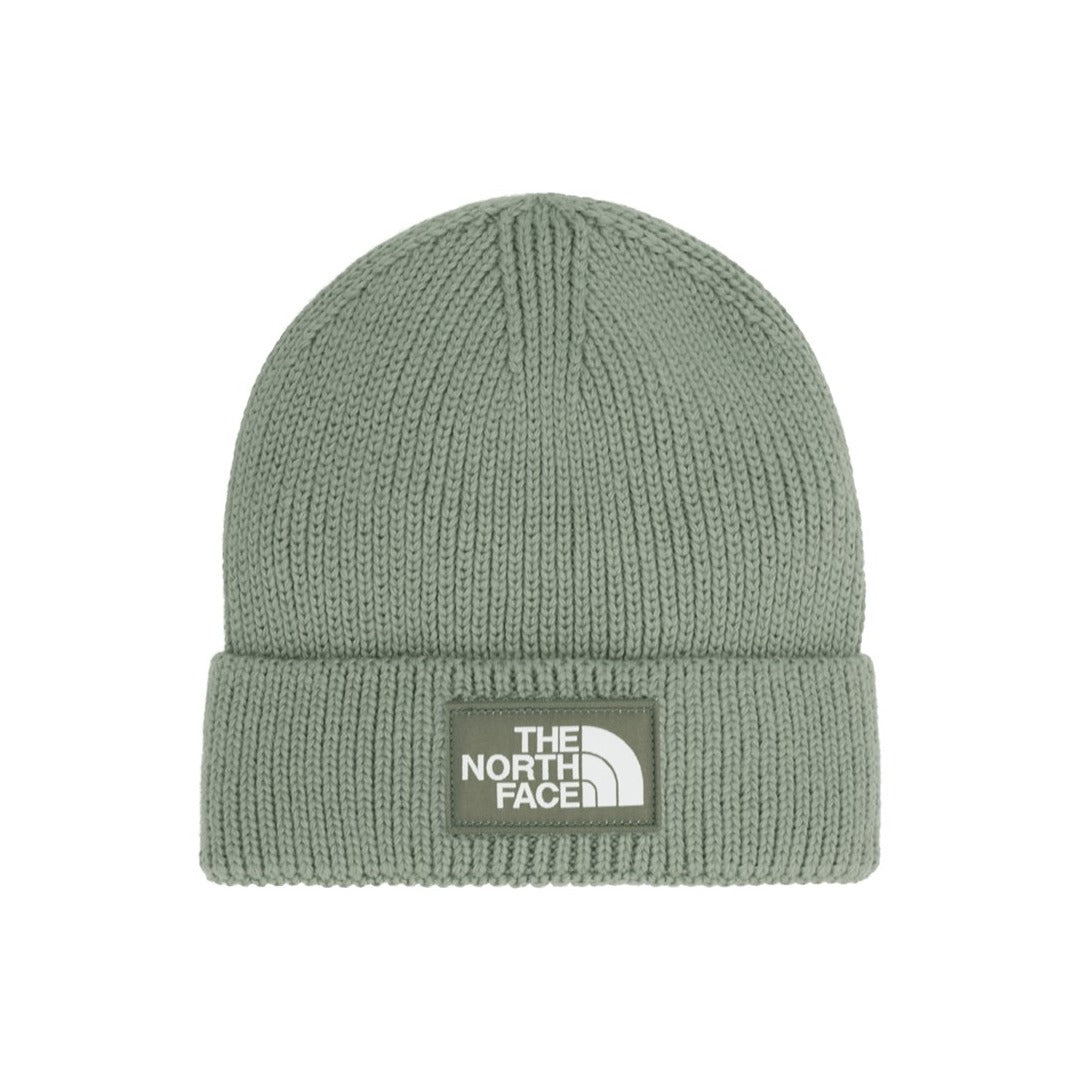 The North Face TNF™ Logo Box Cuffed Beanie in black, featuring a fold-over cuff and front logo patch.