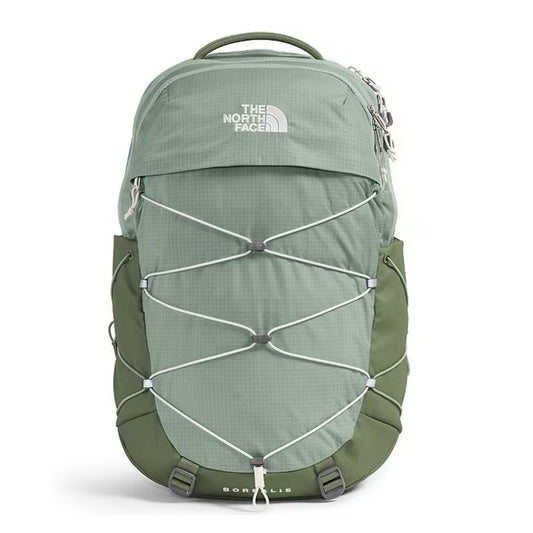 The North Face Women’s Borealis Backpack in black with front bungee system, dual side pockets, and padded straps.
