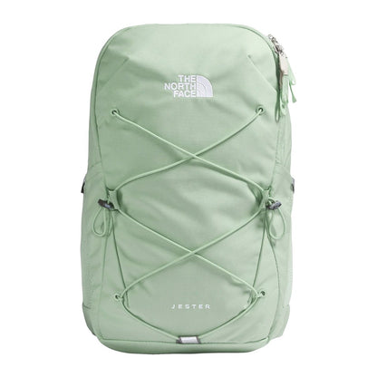 The North Face Women’s Jester Backpack in black featuring front bungee system, padded straps, and dual side pockets.