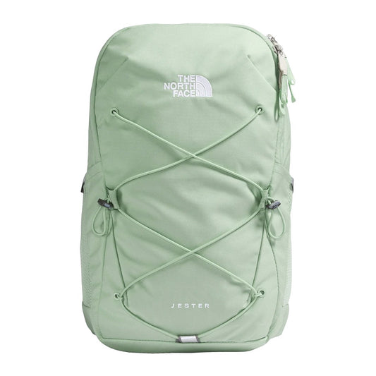 The North Face Women’s Jester Backpack in black featuring front bungee system, padded straps, and dual side pockets.