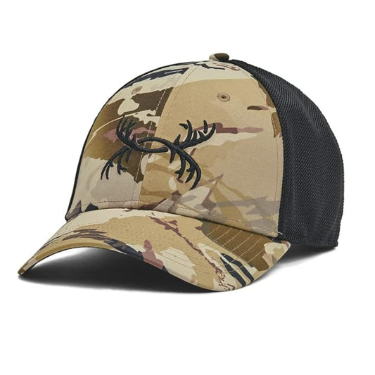 “Under Armour men’s outdoor trucker hat with embroidered antler logo, mesh back panels, and curved brim.”