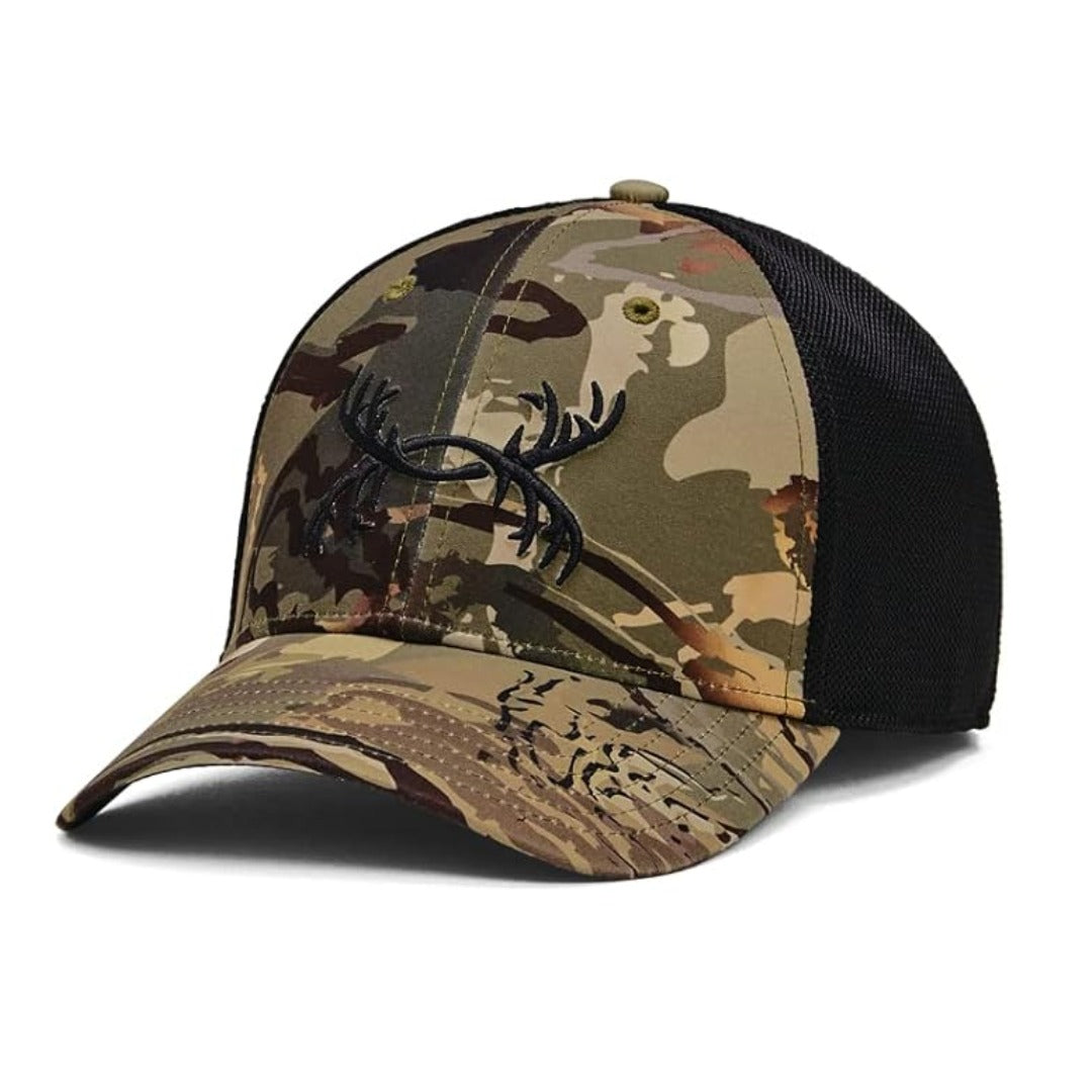 “Under Armour men’s outdoor trucker hat with embroidered antler logo, mesh back panels, and curved brim.”