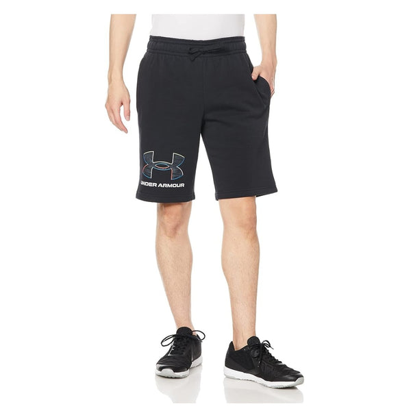 Under Armour Men’s UA Rival Fleece Graphic Shorts with bold UA logo, side pockets, and elastic drawcord waistband.