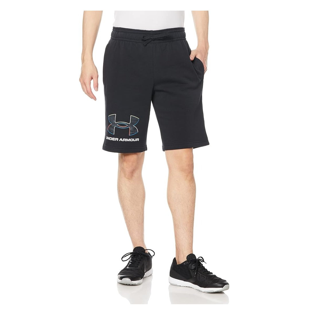 Under Armour Men’s UA Rival Fleece Graphic Shorts with bold UA logo, side pockets, and elastic drawcord waistband.
