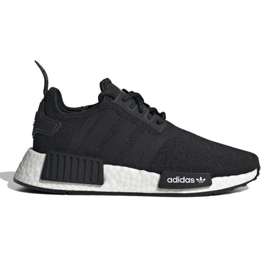 A pair of black adidas Originals Junior NMD_R1 shoes with white detailing.