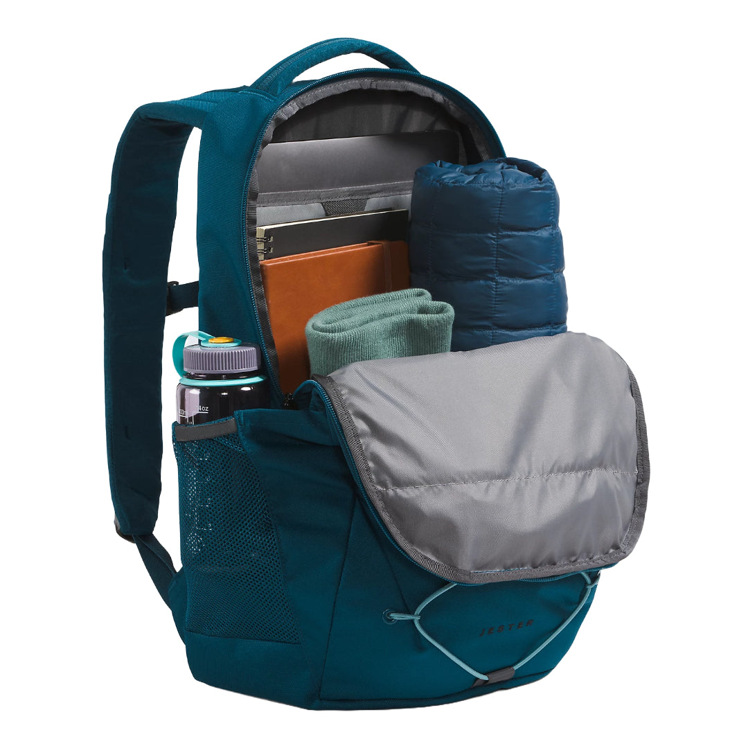 The North Face Jester Backpack featuring a spacious design with multiple compartments and adjustable shoulder straps.