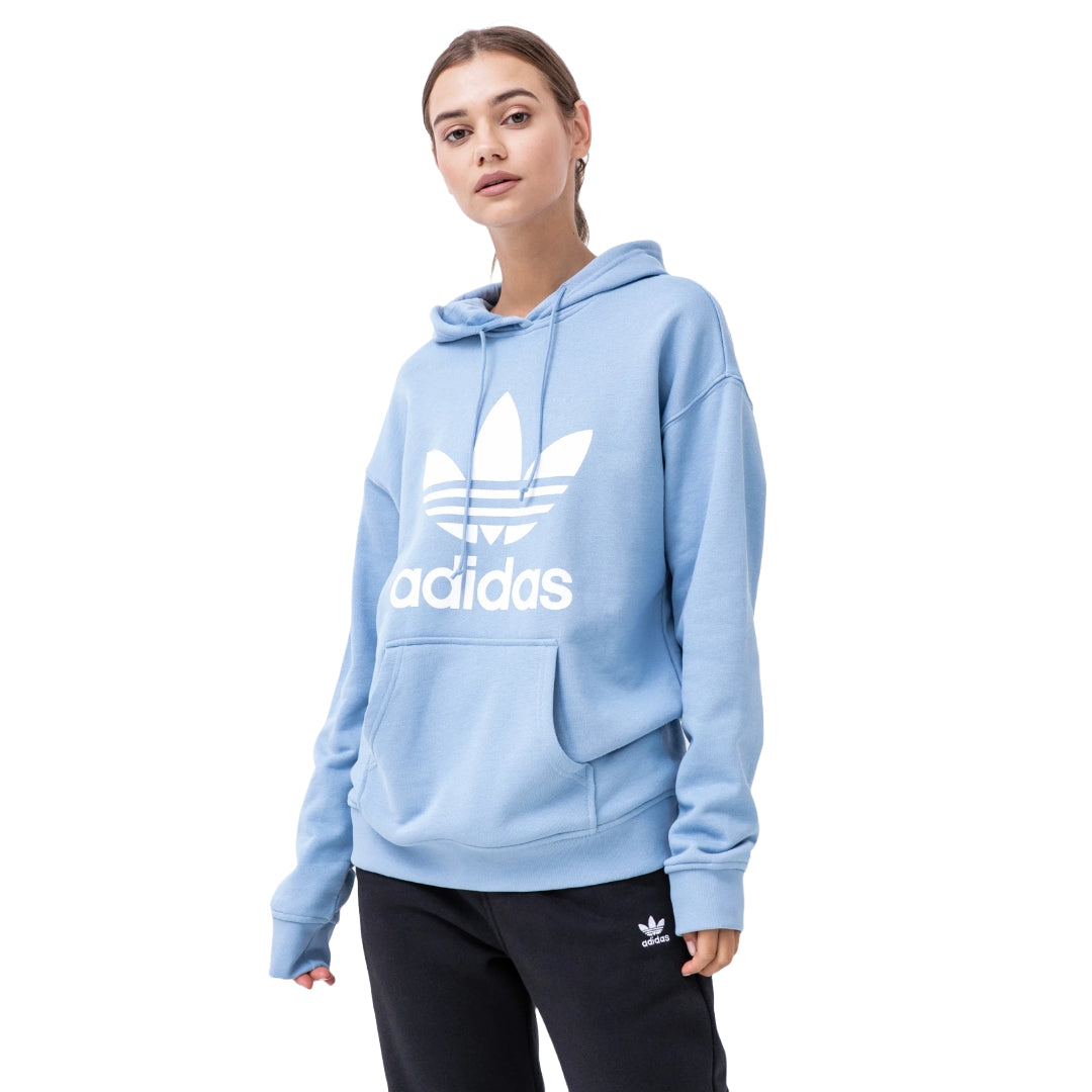 Vibrant adidas Originals Women's Adicolor Trefoil Hoodie in bold red, featuring the iconic Trefoil logo for a stylish athleisure look.