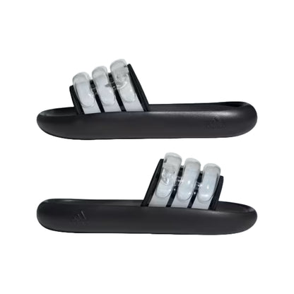 adidas Adilette ZPLAASH Slides in vibrant blue and green colors with water droplet pattern.