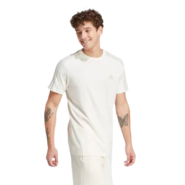 Close-up of adidas Men's 3 Stripes Single Jersey Tee showcasing iconic design.