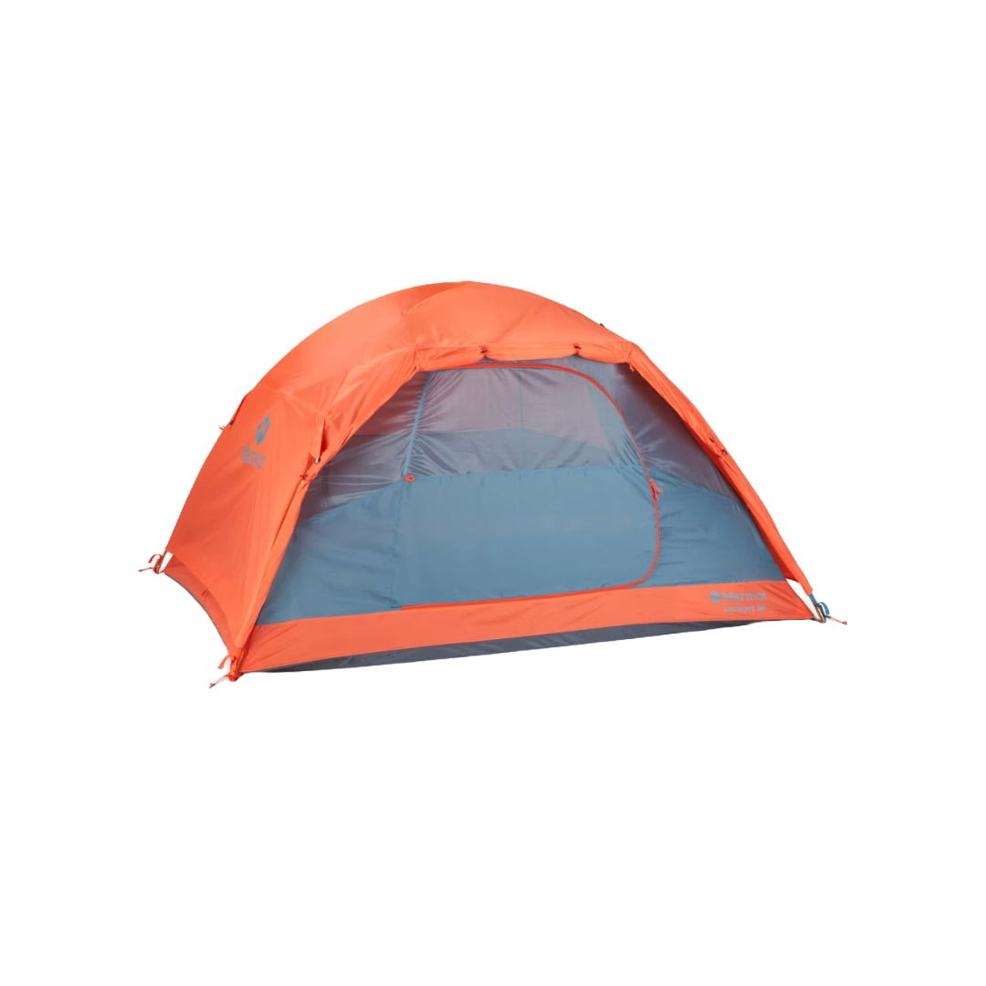 Marmot Catalyst 2-Person Tent in Red Sun/Cascade Blue.