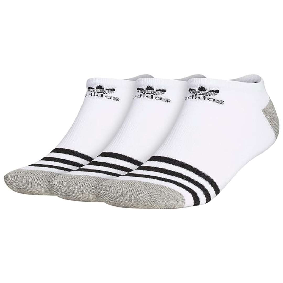 A selection of adidas Originals Men's Roller No Show Socks in white, black, and heather grey