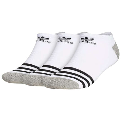 A selection of adidas Originals Men's Roller No Show Socks in white, black, and heather grey