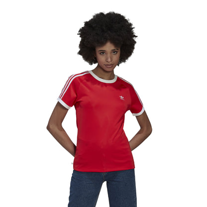 adidas Originals Women's 3 Stripes T-Shirt in black, featuring classic white stripes on the sleeves and a slim fit for a sporty, stylish look.