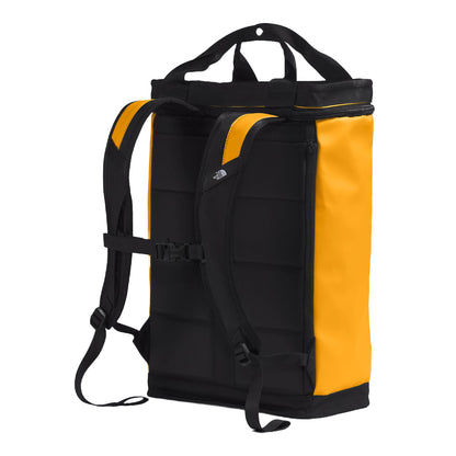 The North Face Explore Fusebox—L in black, featuring a rugged design, spacious interior, and adjustable shoulder straps.