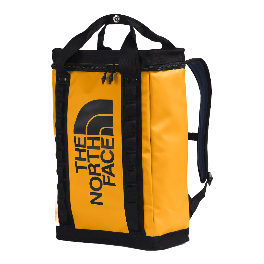 The North Face Explore Fusebox—L in black, featuring a rugged design, spacious interior, and adjustable shoulder straps.