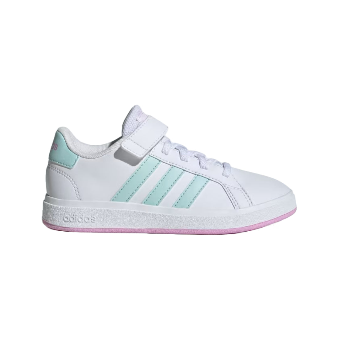 adidas Unisex Kid's Grand Court 2.0 Elastic Lace Shoes in white and blue