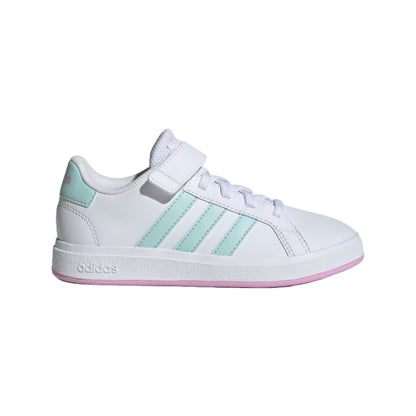 adidas Unisex Kid's Grand Court 2.0 Elastic Lace Shoes in white and blue