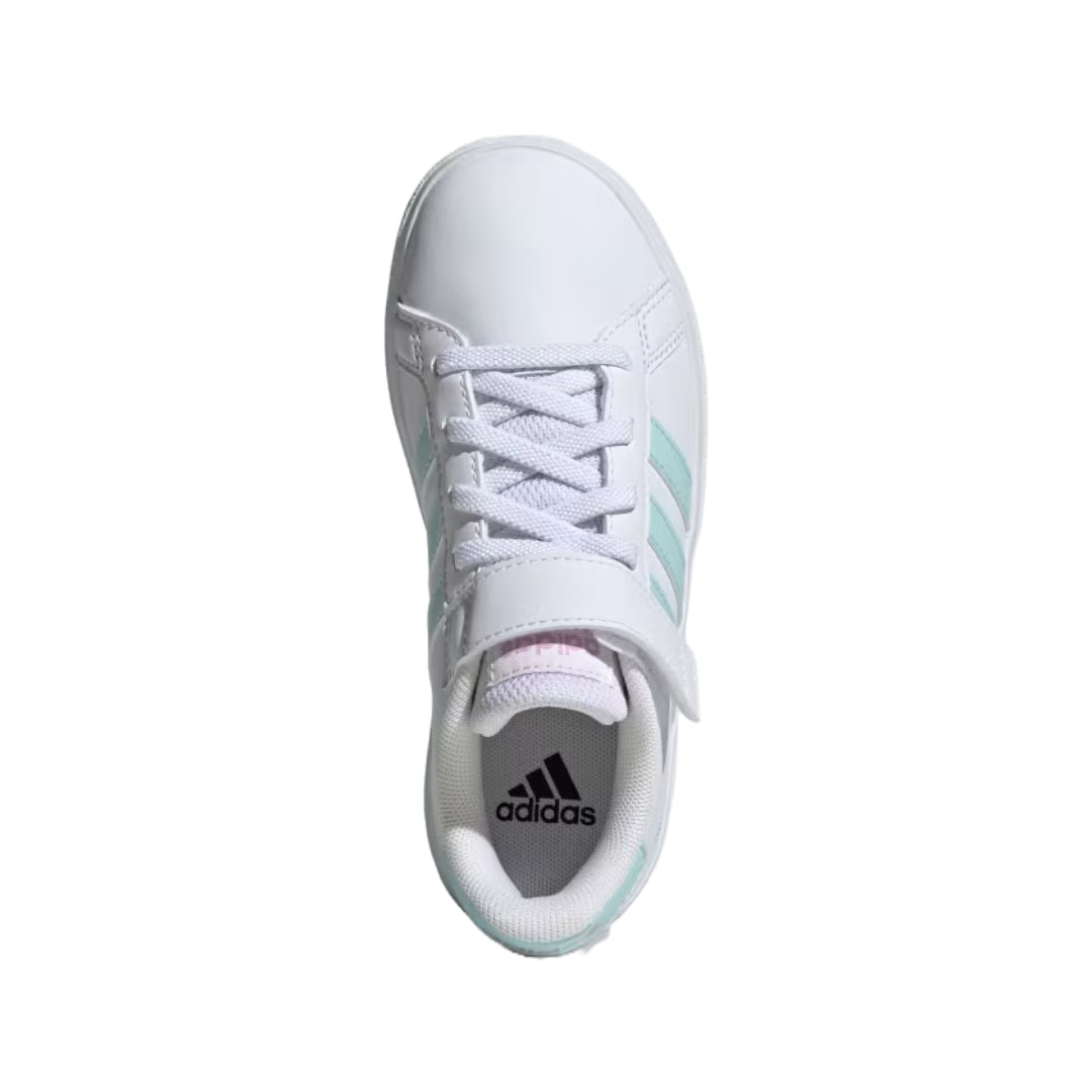 adidas Unisex Kid's Grand Court 2.0 Elastic Lace Shoes in white and blue