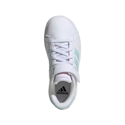 adidas Unisex Kid's Grand Court 2.0 Elastic Lace Shoes in white and blue