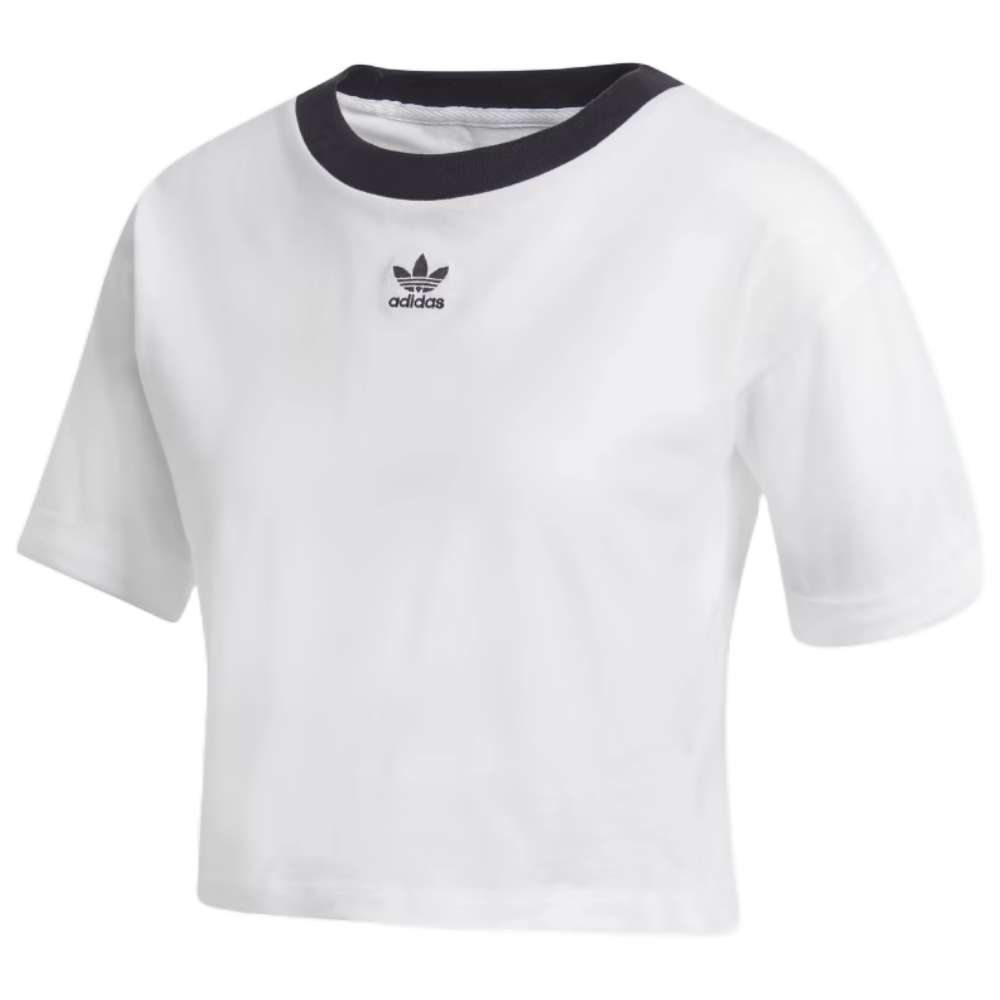 A close-up image of a woman wearing an adidas Originals Women's Cropped Top in a vibrant color, with the adidas logo prominently displayed.