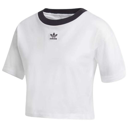 A close-up image of a woman wearing an adidas Originals Women's Cropped Top in a vibrant color, with the adidas logo prominently displayed.