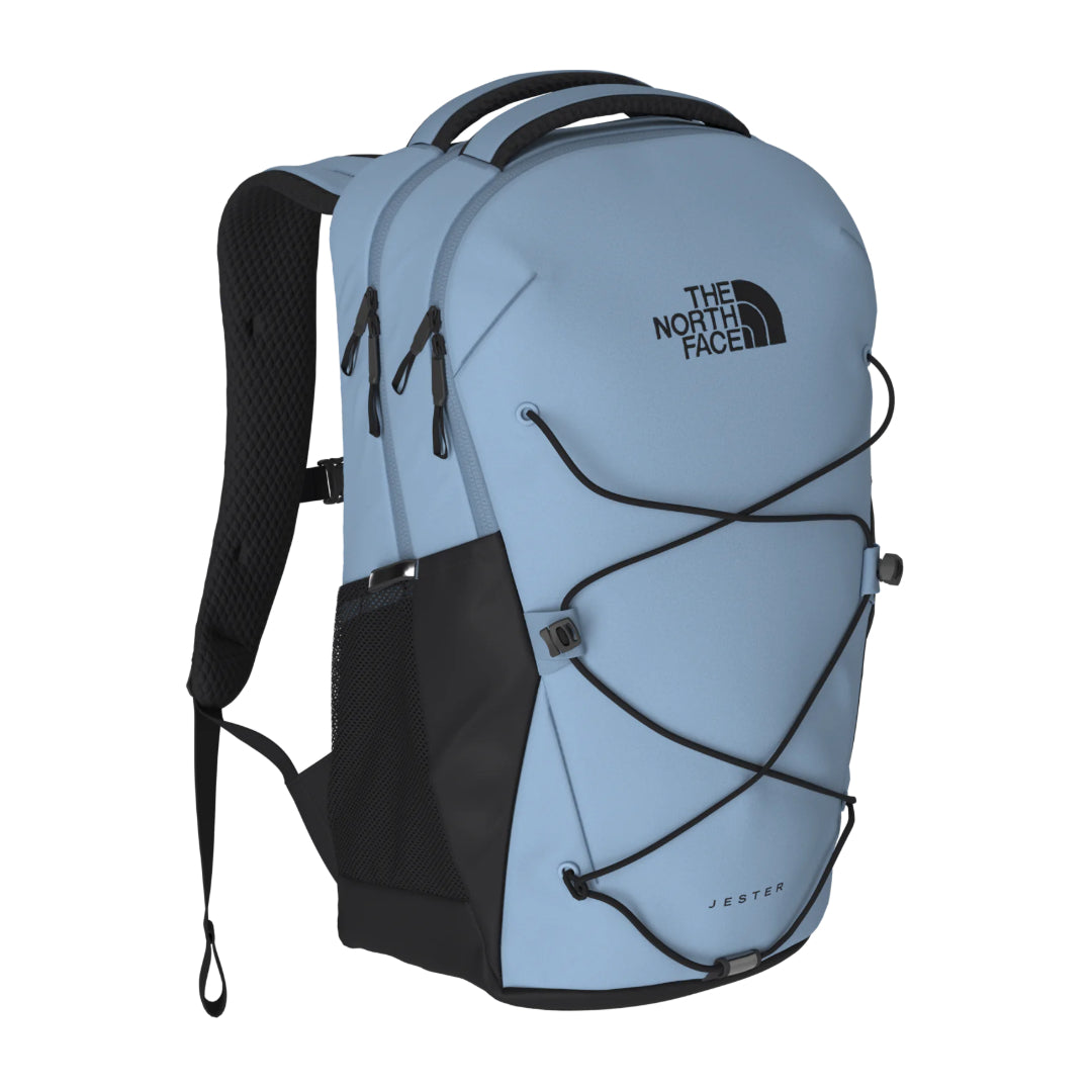 The North Face Jester Backpack in black, featuring a spacious design with multiple compartments and adjustable shoulder straps.