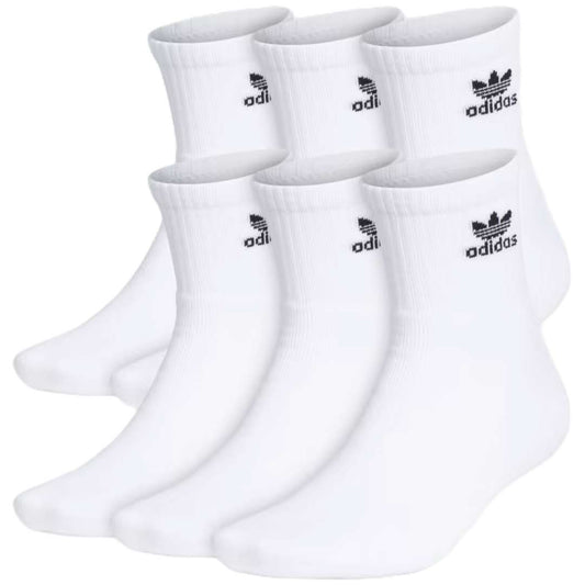 A close-up view of adidas Originals Trefoil Quarter Socks in crisp white.