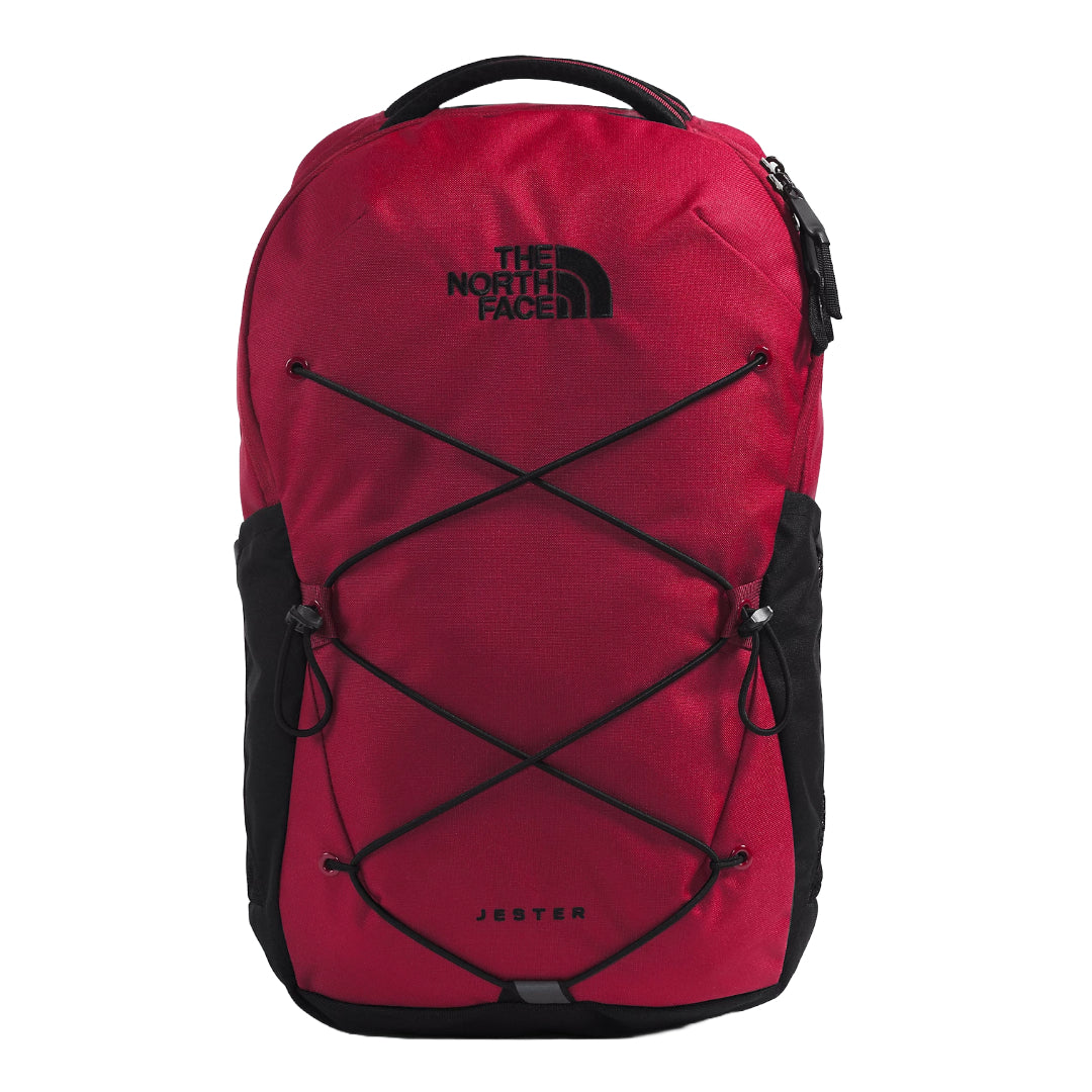 The North Face Jester Backpack in black, featuring a spacious design with multiple compartments and adjustable shoulder straps.