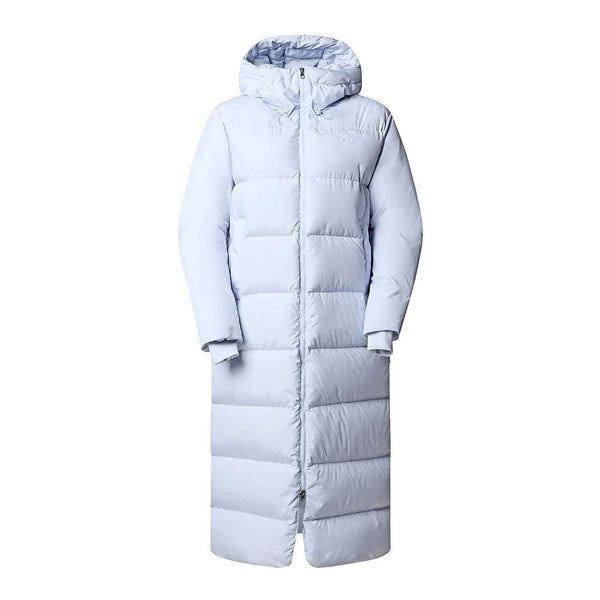 A dusty Periwinkl north face women's triple c parka worn by women.